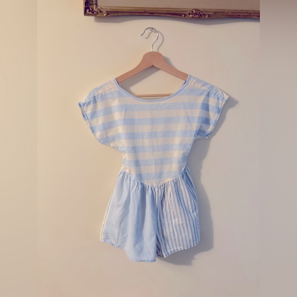 Vintage Chuckles Girl’s Blue and White Striped Romper Size 7 Tie Back